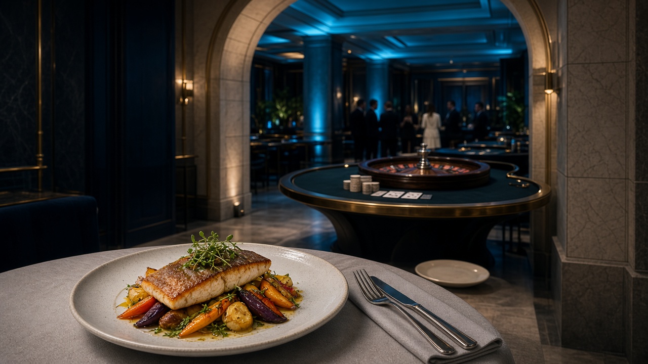 Salle de NicolCuisine : poisson et légumes rôtis au premier plan, roulette et tables de jeu dans le salon.